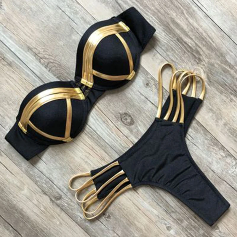 

Gold Stamping Bikini Set Sexy Padded Women Swimsuit Push Up Bandeau Swimwear Summer Beachwear Brazil Bathing Suit 2021