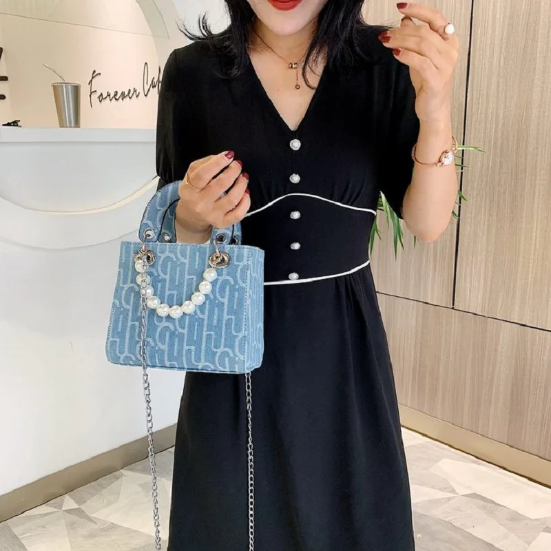 Новинка лета 2020 женская джинсовая сумка через плечо с жемчужной цепочкой для