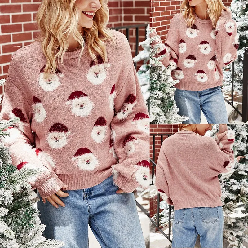 Women'S Sweater Christmas Autumn Winter Clothes Santa Head Classic Round Neck Long Sleeve Holiday |