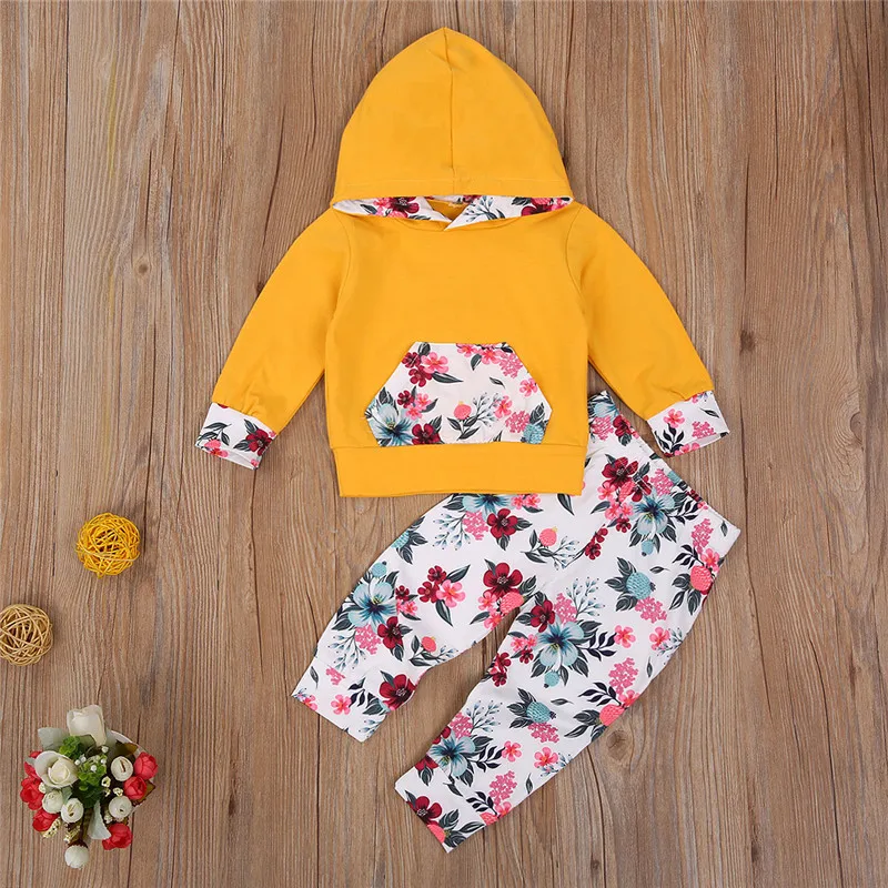 Toddler Baby Girl 2PCS Outfit Sets Long Sleeve Hoodie Pocket Top Shirt Floral Pants Pajamas for Autumn Winter