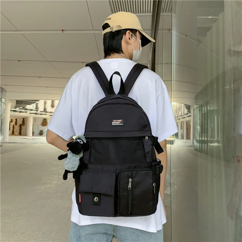 

College Schoolbag Insert Buckle Laptop Backpack Mesh Front Pocket Nylon Travel Backpack Female Multi-pocket Lady Travel Bag
