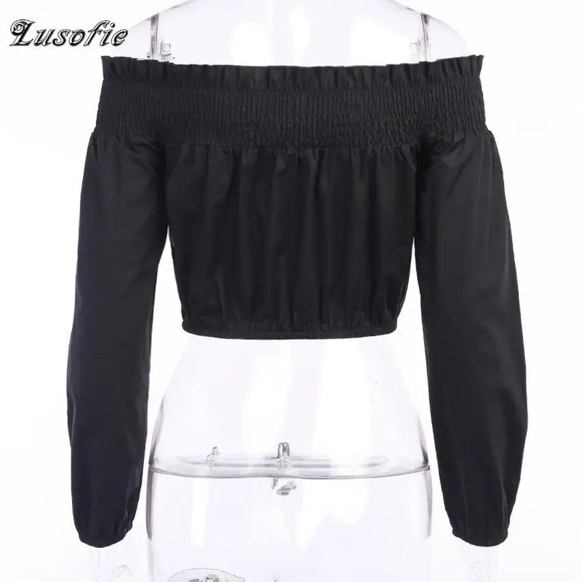 

Lusofie New Women's Sexy Tops Long Sleeve One line Collar Fashion High Street T-shirt Solid Casual Loose Black top Party Club