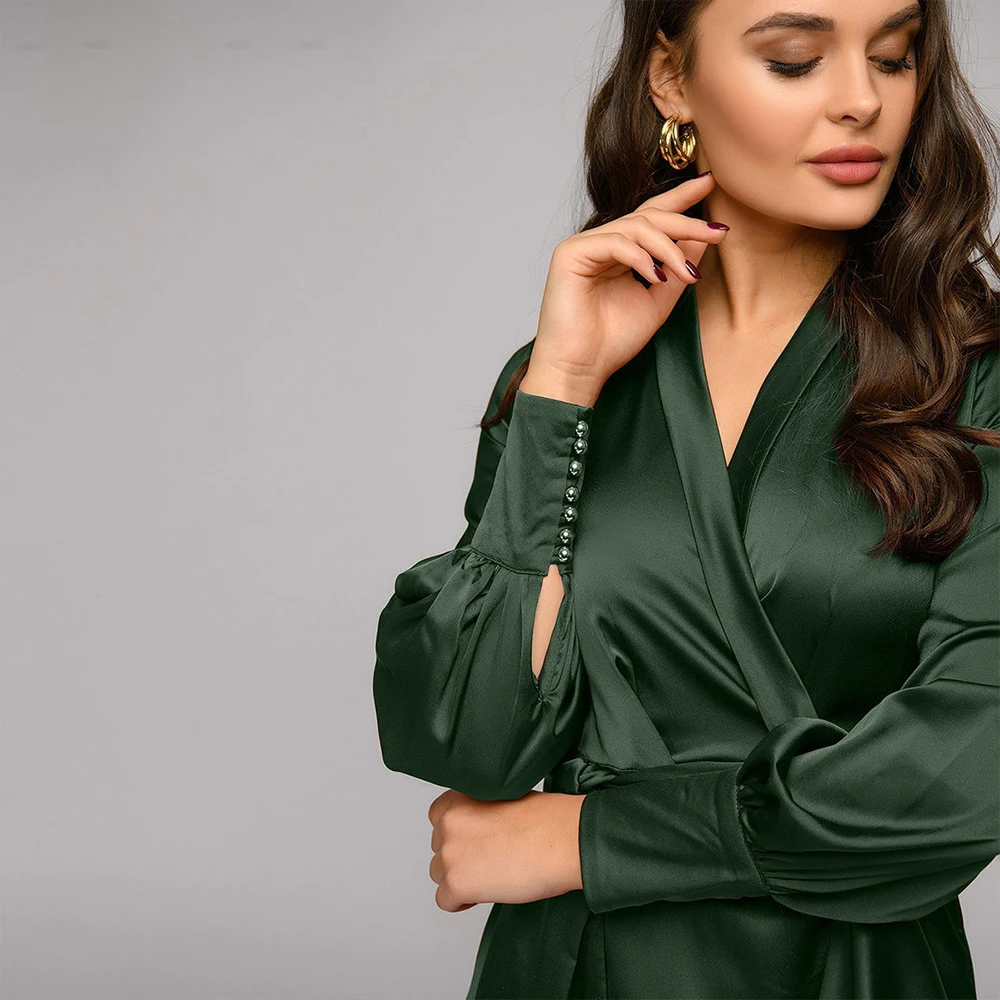 

Woman Dress 2021 Spring Vintage Sexy V-Neck Long Party Dress Women Casual Long Sleeve Button Slim Sashes Ruffles Ball Gown Dress
