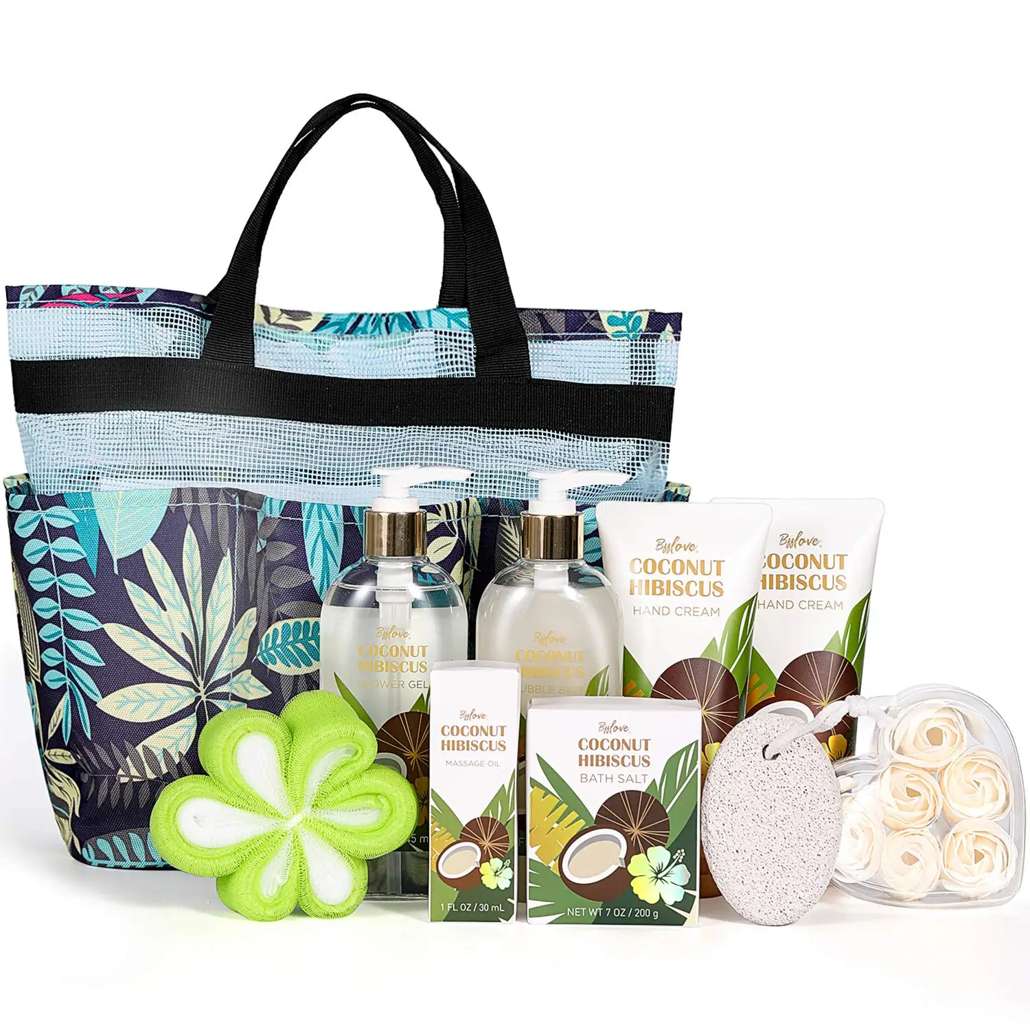 Coconut & Hibiscus Scent Spa Gift Basket, Home Bath and Body Gift Set with Massage Oil, Bubble Bath, Bath Salt