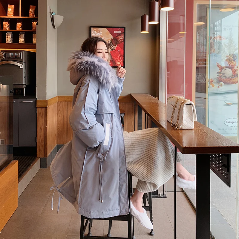 Куртки зимние женские длинные пуховые парки с капюшоном из натурального меха