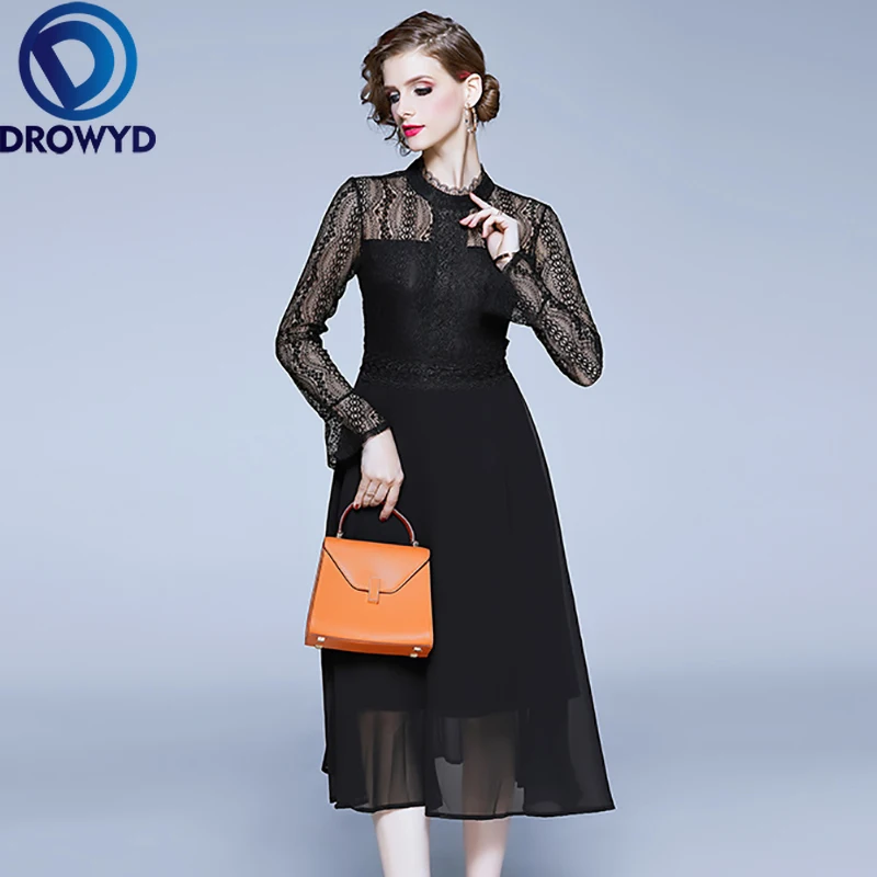 Винтажное Черное Кружевное Платье миди DROWYD новинка 2019 повседневное модное