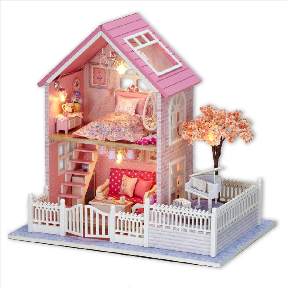 

DIY Hut Garden Pink Cherry Blossom Doll House Toys Kit Handmade Manual Assembling Model Furniture 3D Wooden Miniature Doll House