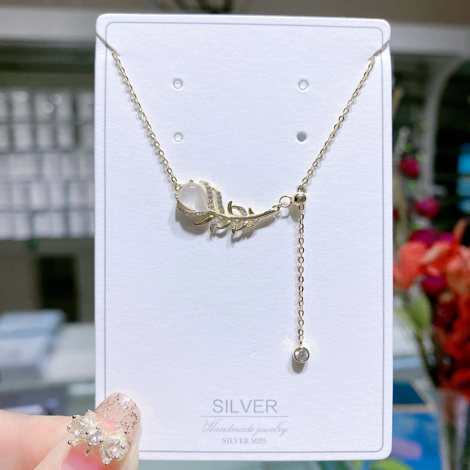 

s925 sterling silver new ins style niche design trendy opal feather necklace female