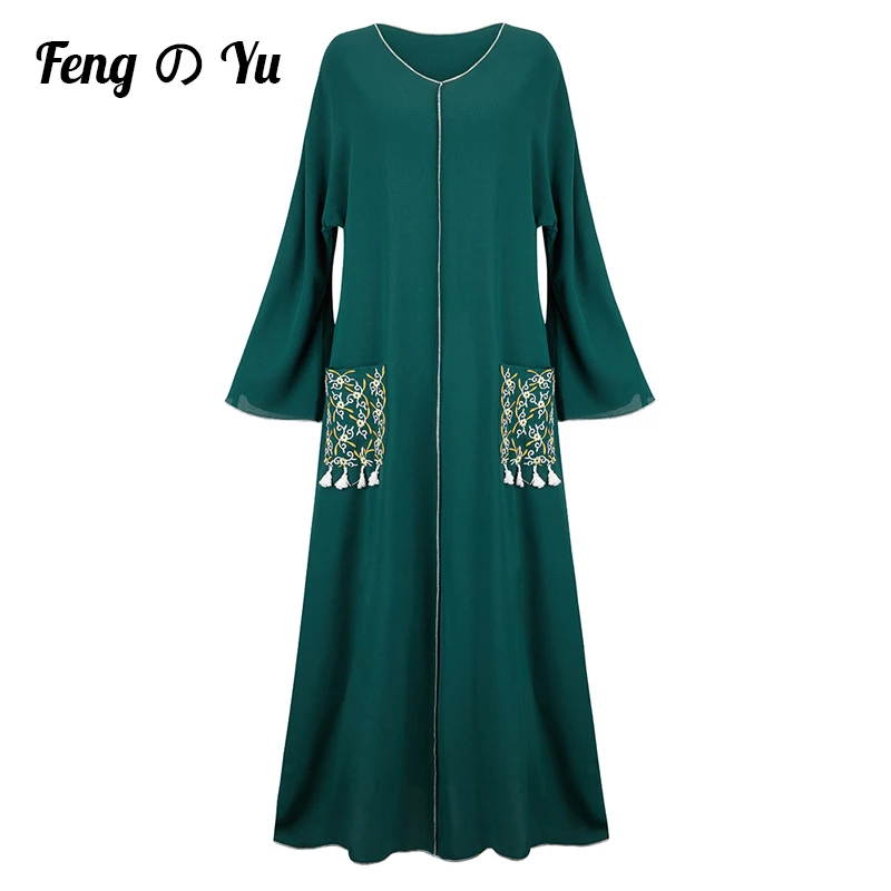 

Ramadan Ladies Long Skirt Turkish Arab Round Neck Flared Sleeves Muslim Lslamic Ethnic Dark Green Embroidered Tassel Robe