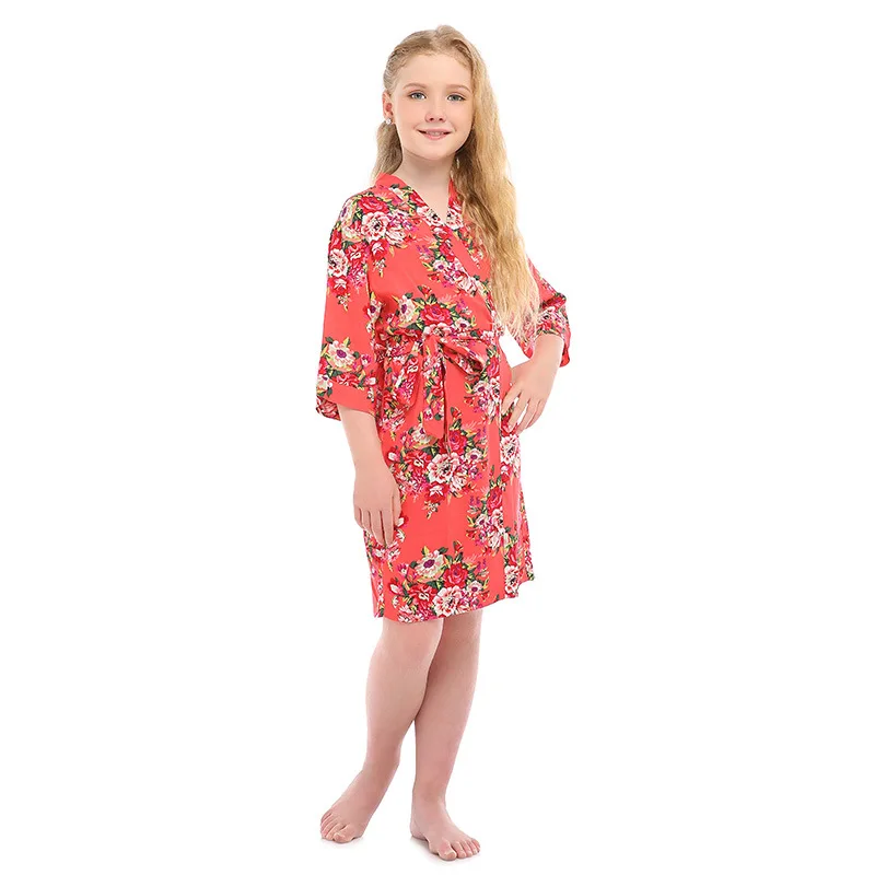 Халат кимоно детский с цветочным принтом Шелковый удобный атласный банный халат на шнуровке для девочек