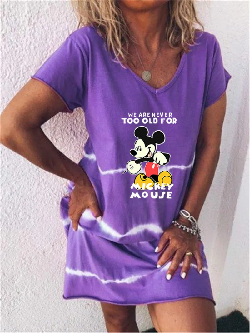 

Summer Disney Mid-Length Dresses Female Mickey Print Round Neck Mini Dress Short-Sleeved Loose Robes Casual Party Vestidoes