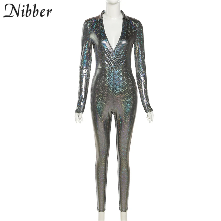

Nibber Autumn New Long Sleeve V Neck Shiny Jumpsuit Women Sexy Party Club Bodycon Black One Piece Jumpsuit Wholesale Item