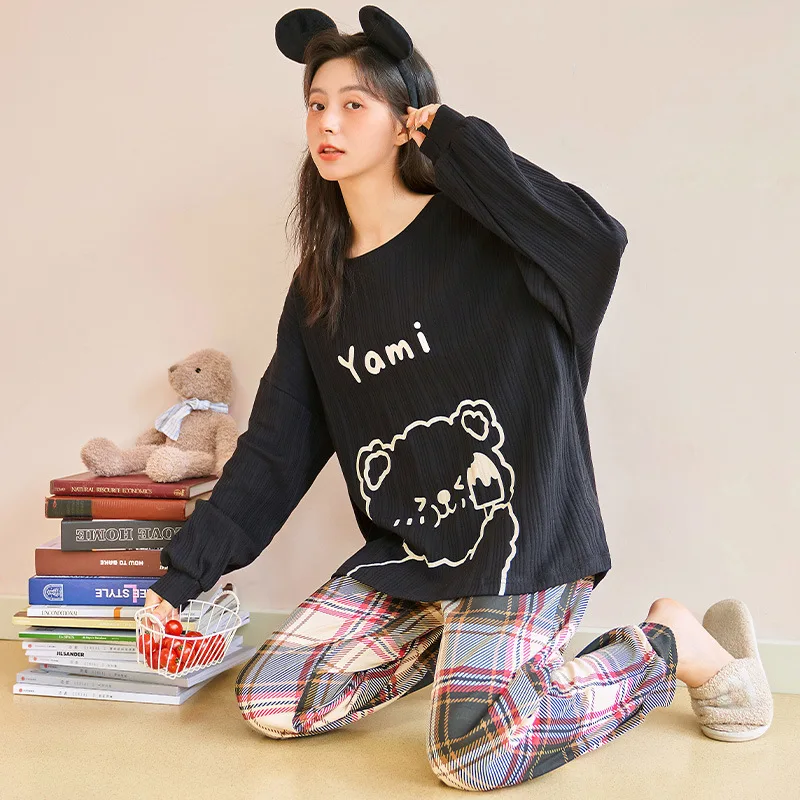 

Autumn Winter Warm Black Long Sleeve Women Pajamas Sets Cotton Homewear Kawaii Cartoon Bears Sleepwear Loose Plaid Pants Pajamas
