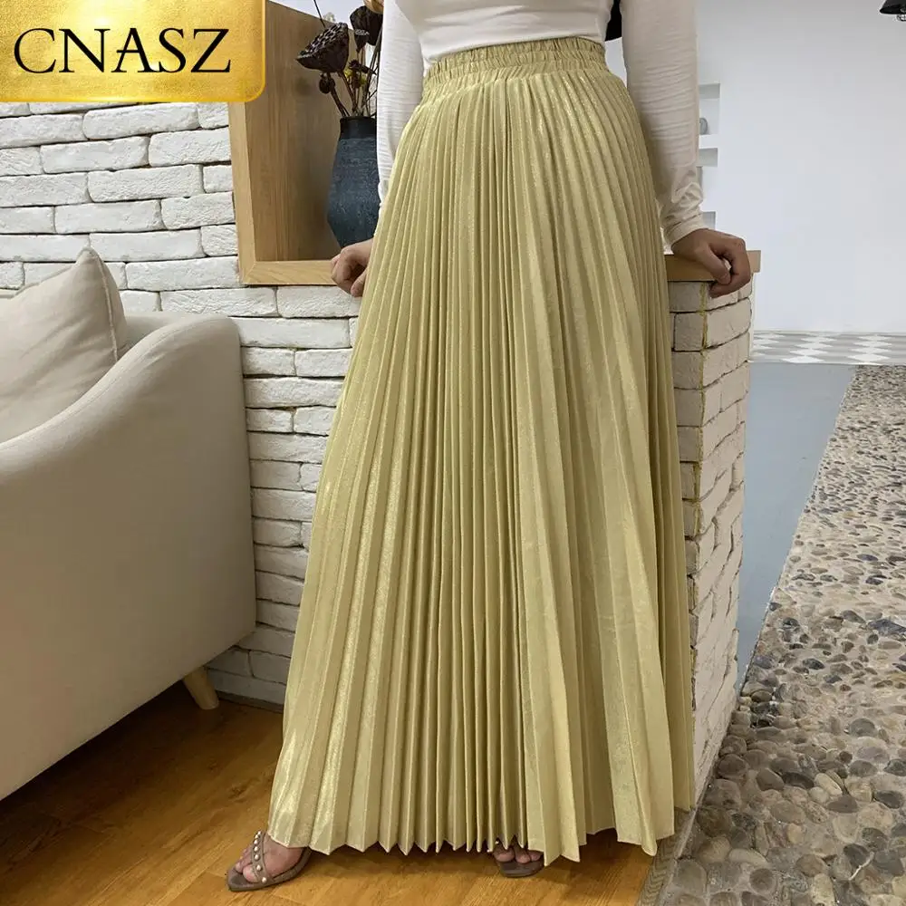 

New Arrivals Metallic Pleated Maxi A-Line Autumn Winter Long Skirt Solid Satin Pleated Maxi Skirt Muslim Women's Islamic Turkey