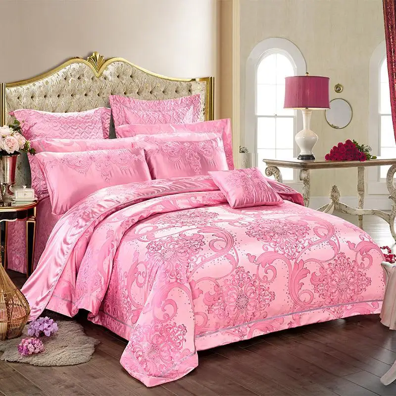 

New High precision Silk Cotton Satin Luxury Jacquard Bedding Set Yarn Dyed Duvet cover Bed Spread Pillowcase Queen KingJ/6/8/9Pc