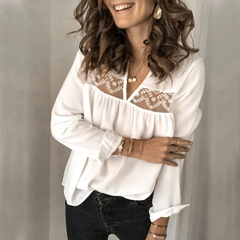 YELITE женская рубашка с длинным рукавом и v образным вырезом сзади кружевная