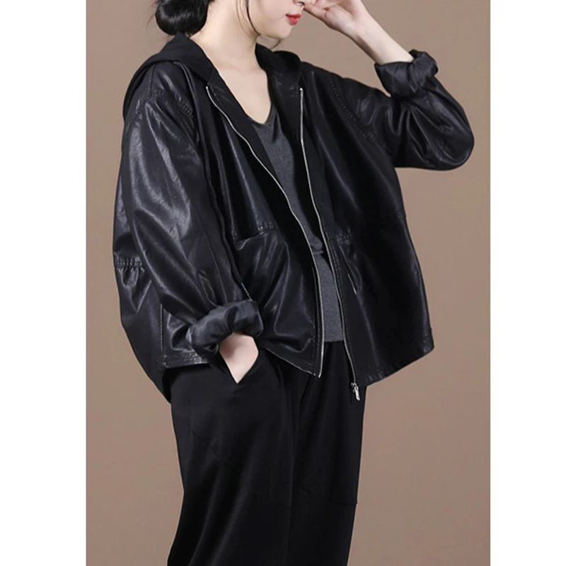 Punk Loose Short PU Coat Autumn European Women's Black Fake Leather Clip Female Bulk Motorcycle Coat With Zipper Fashion Outwear