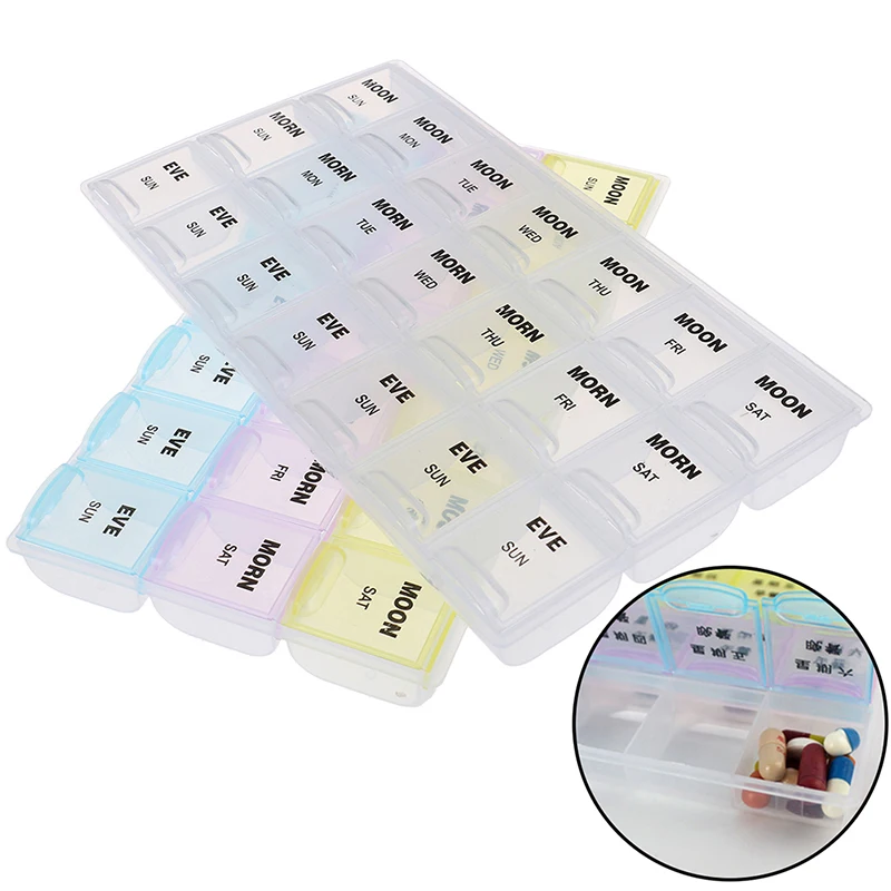 

7 Days Weekly Transparent/Colorful 21 Compartment Lid Tablet Pill Box Holder Portable Medicine Storage Organizer Case Container