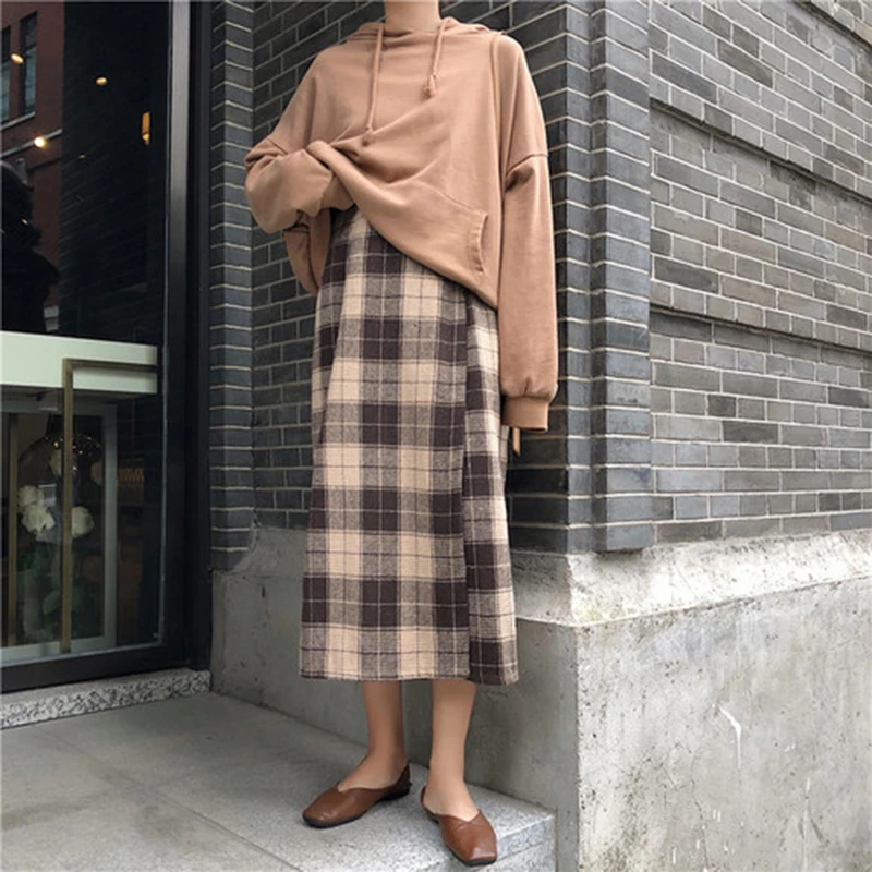 

New Arrival Autumn Korea Fashion Women High Waist Woolen Plaid Long Skirt all-matched Casual split package Hip Skirts S321