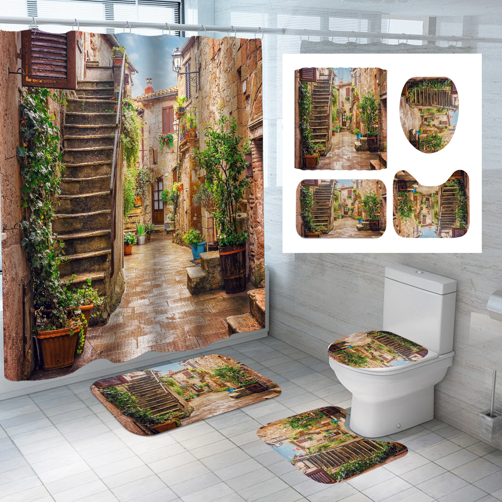 Offerte Rurale Retrò Impermeabile Tenda Da Doccia Tappetino Da Bagno Piedistallo Tappeto Coperchio Wc Copertura Bagno 4 Pz/set