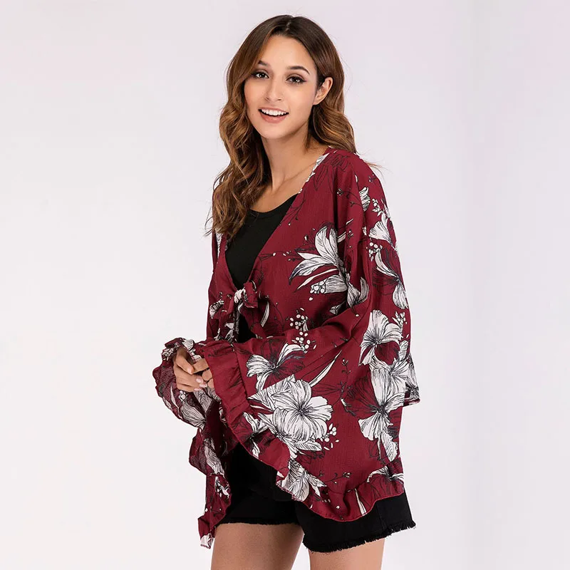 

Oversize 2021 New Spring Summer Bowknot V Neck Puff Sleeves Big Floral Shirt Cardigan Women's Sexy Printed Crop Top For Fashion