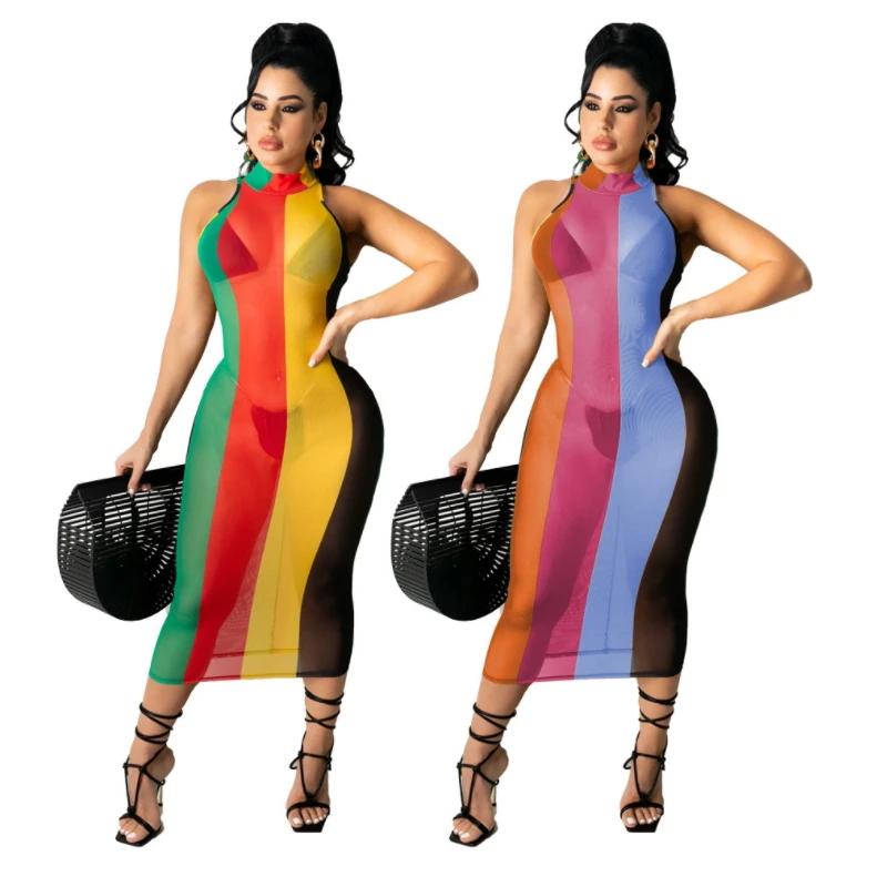

Vertical Striped Sundress See Through Mesh Vestidos Largos Tank Sexy Club Dresses For Women Perspective Bohemian Style Tight