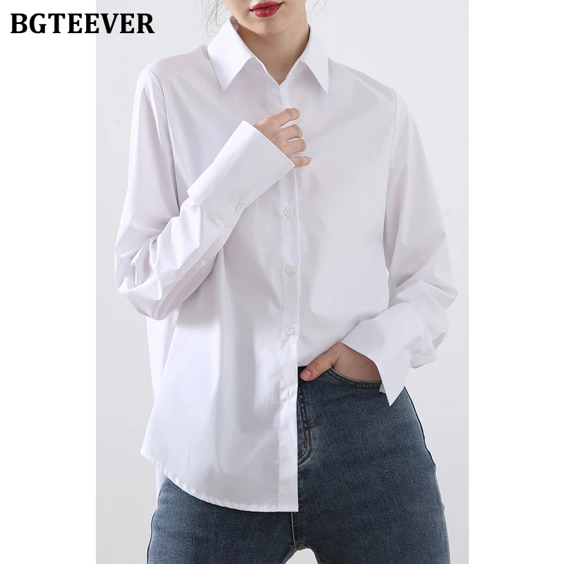 

BGTEEVER Casual Loose Single-breasted Women White Shirts 2022 Spring Lapel Ladies Tops Blusas Full Sleeve Female Solid Blouses