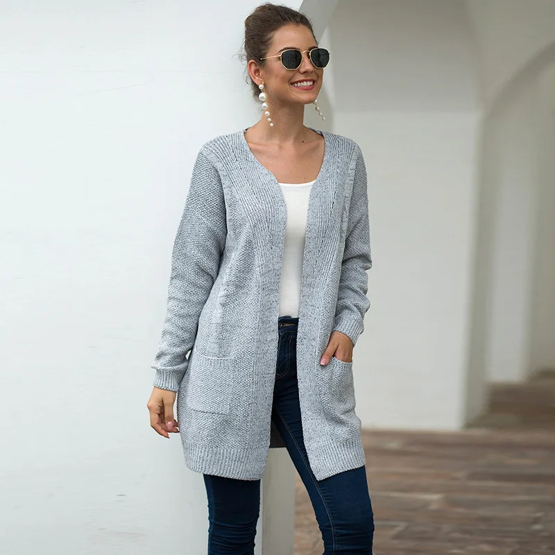 Sweater women 2019 autumn and winter loose large size knit cardigan pocket solid color European American vestidos MMY77035 |