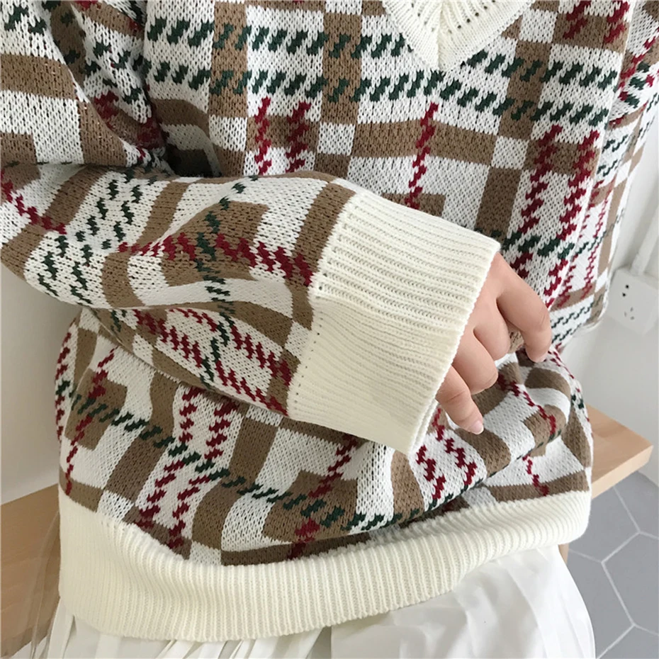 Винтажный осенне-зимний Пуловер New Prep свитер с V-образным вырезом и длинным