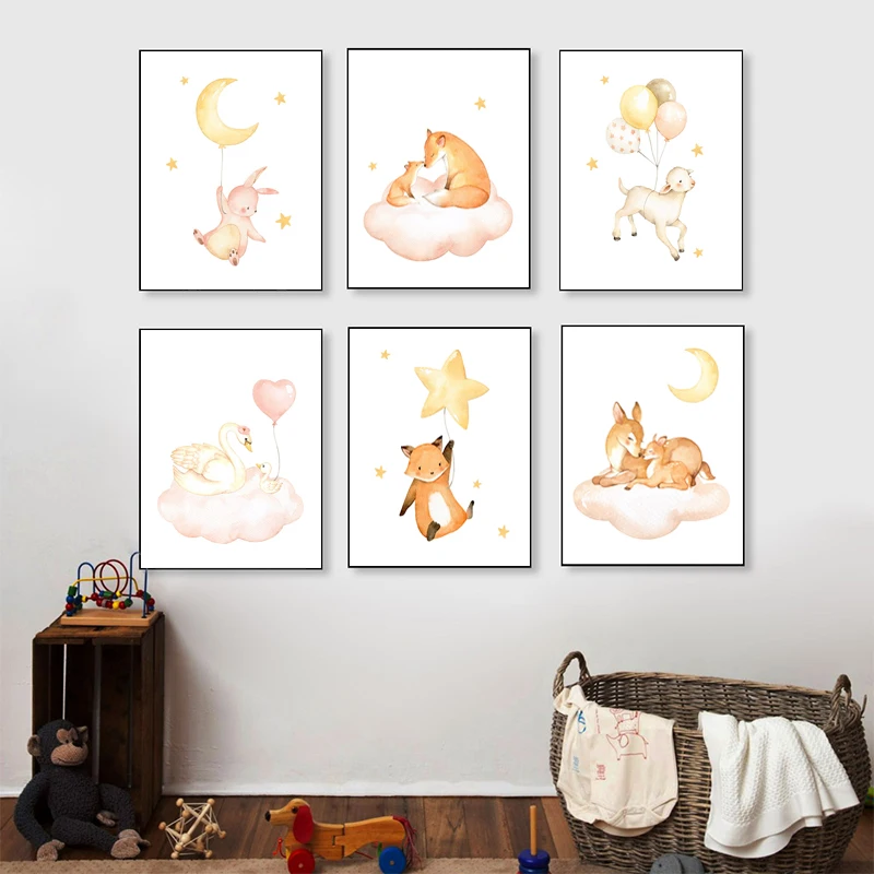 Bear Rabbit Sheep Stars Moon Nursery Wall Art Canvas Painting Nordic Posters And Prints Pictures Girl Boy Kids Room Decor | Дом и сад
