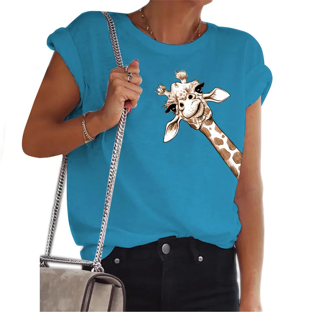 

Womens Crooked Deer Giraffe Print T Shirt Soft Short Sleeve T-Shirt Loose Casual Top Plus Size Female Clothing 2021