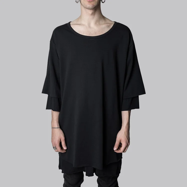 

raw-edge Double-layer T-shirt loose five-point sleeves men and women niche dark street design basic primer