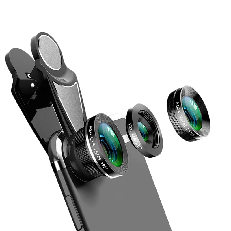 3 In 1 Phone Camera Lens Kit Fish Eye 0.63X Wide-Angle 15X Macro For Iphone X 8 7 Plus Nokia 6 5 Mobile | Электроника
