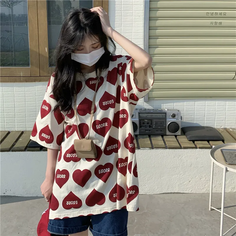 

Summer Loose Print Basic Tshirts Women Clothing 2021 Fashion Casual Korean Short Sleeve Cartoon Love Tee Shirt Femme Long Top