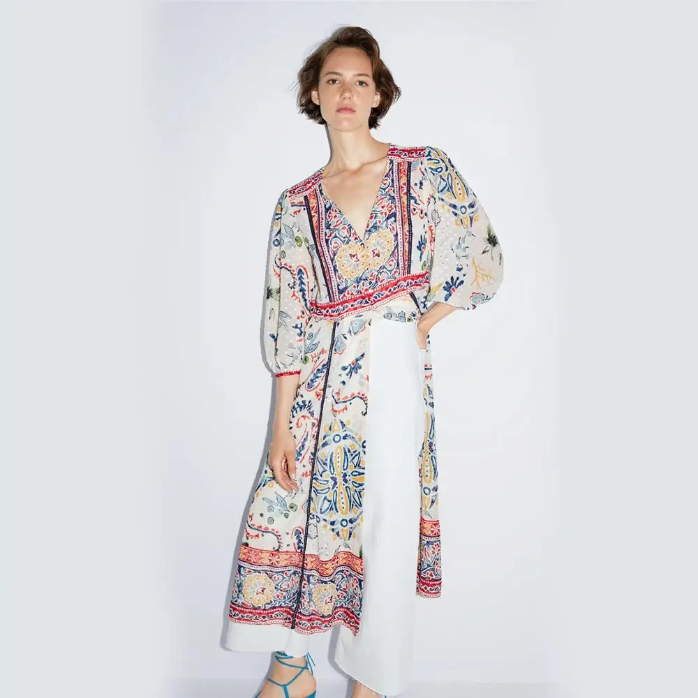 Шифоновая рубашка с принтом ZA длинное платье в стиле бохо v образным вырезом