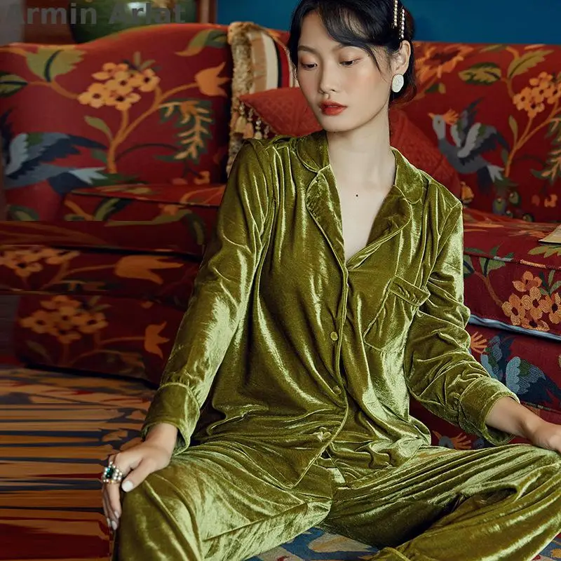 

Armin Arlat Gold Velvet Pijamas Women High Quality Sleepwear Casual Night Suit Loose Pyjama Winter Pajamas Solid Lingerie 2PCS