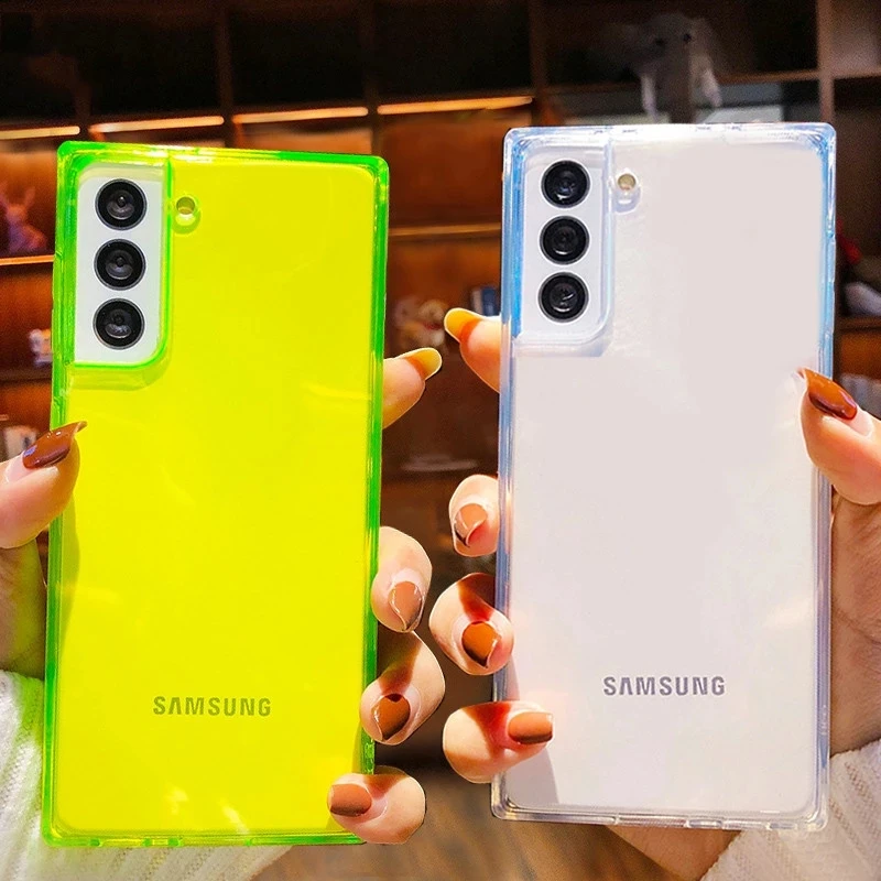 

100 шт. неоновый флуоресцентный квадратный чехол для телефона Samsung S21 Note20 Ultra A10 30 70 S20FE S9 S10 Plus A51 A71 Прозрачная мягкая задняя крышка