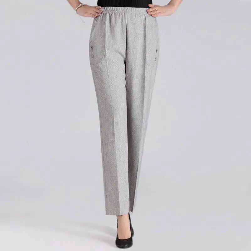 Брюки женские для среднего возраста свободные хлопково-льняные прямые штаны