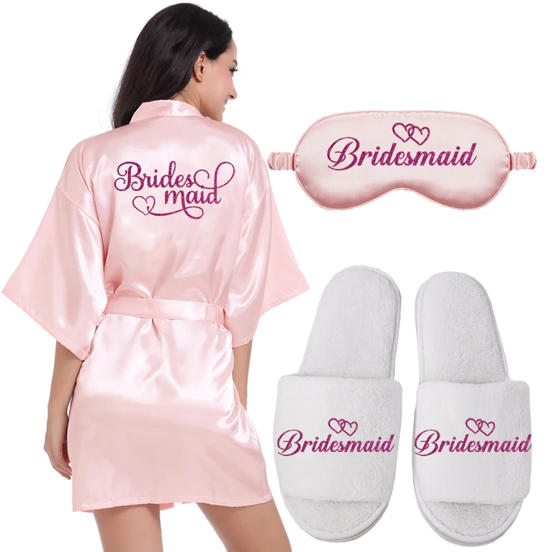 Pink robe shoe mask Индивидуальный Логотип Weddin Дата имя искусственный шелк кимоно халат для женщин Свадебные невесты халаты девичник свадебная одежда - Цвет: Pink robe shoe mask