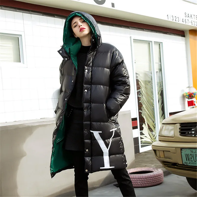 

2019 New High quality Down Jacket Women Winter Letter Print Thicken Hooded White duck down Coats Female Long Black Parkas LM120