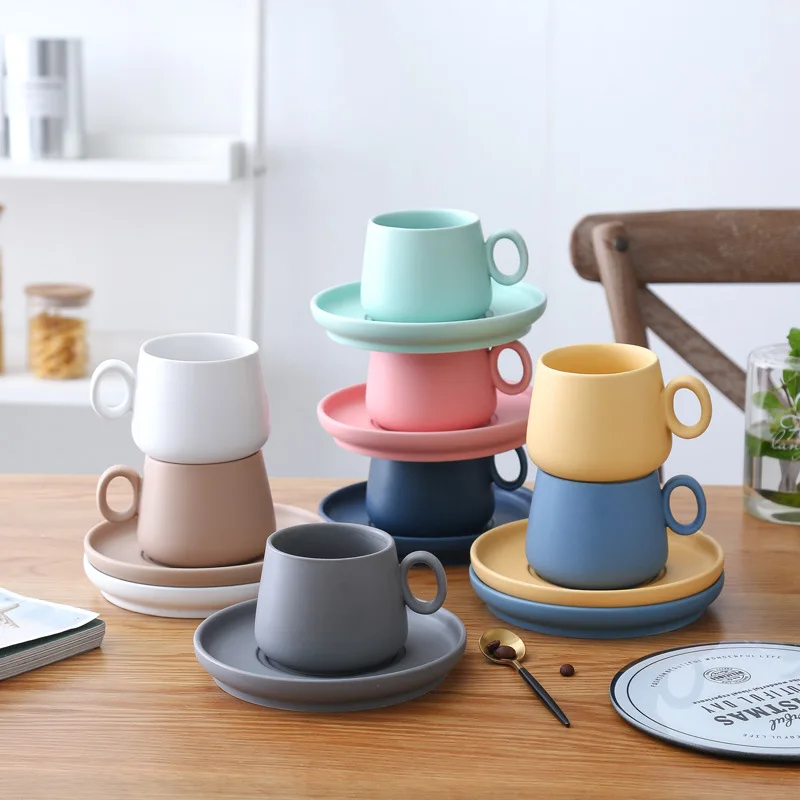 

INS Macaron Matte Ceramic Coffee Cup with saucer Morning breakfast frosted tea milk water mug with plate big belly cups office