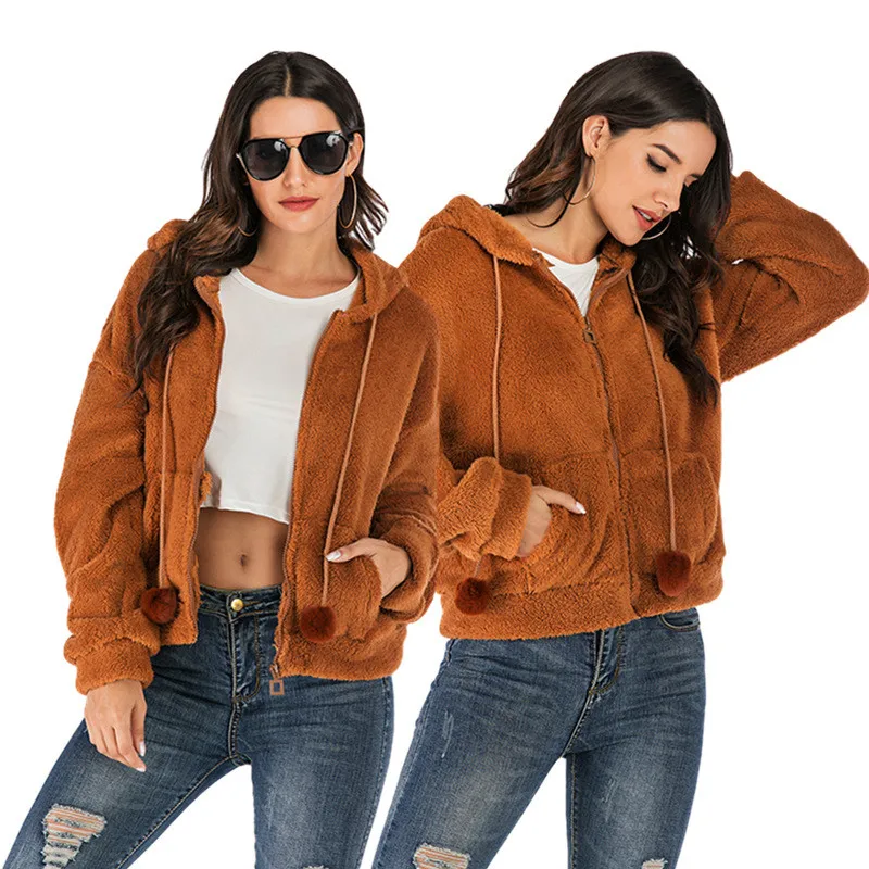 

Warm Fleece Woolen Cotton Coat Women Casual Solid Color Loose Drawstring Hooded Slim Top Autumn Winter Clothing Female JD1621