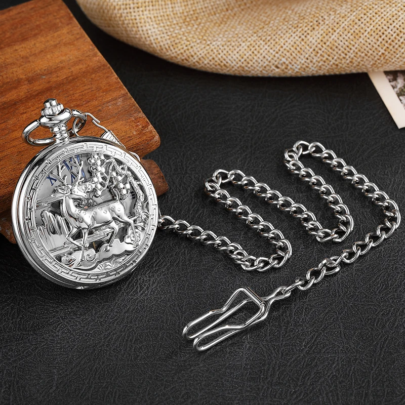 Deer Pattern Mechanical Pocket Watch Skeleton Vintage Antique Sliver Hollow Animal Engraved Male Fob Chain Clock for Men Women