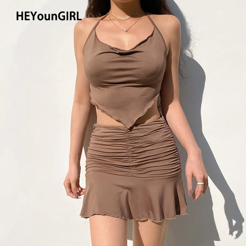 

HEYounGIRL Sleeveless 2 Pieces Set Outfits Women Summer Halter Backless Crop Top and Mini Skirt Set Ruffles Brown 2021