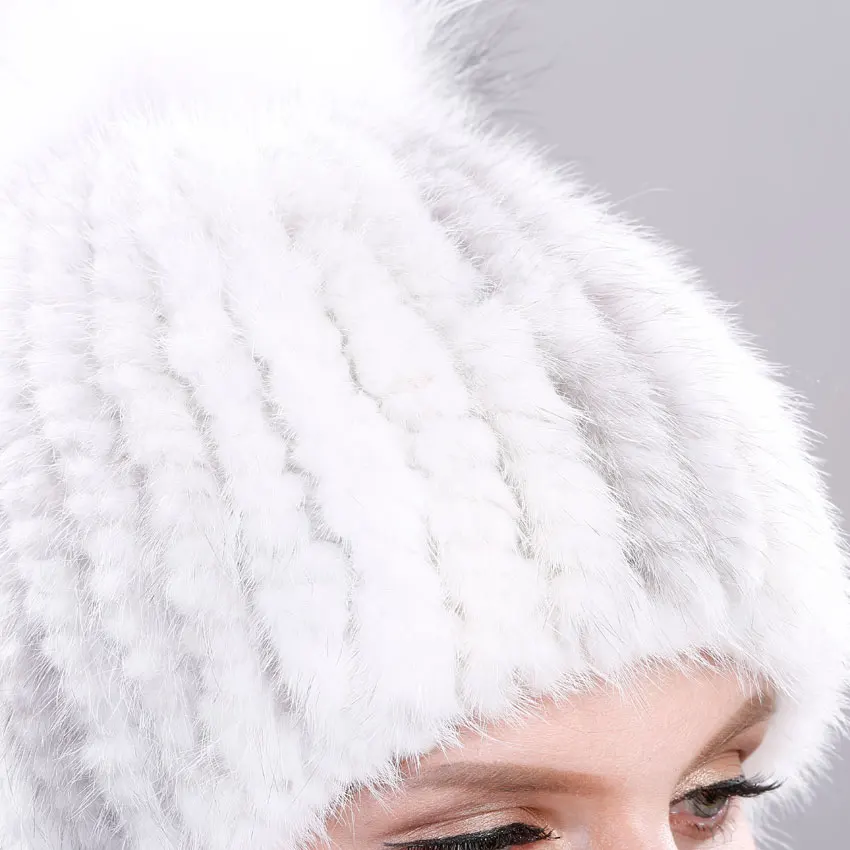

Real Mink Fur Hat For Women New Brand Thicken Female Fur Caps Ladies Winter Knitted Mink Fur Beanies With Fox Fur Pompoms Hat
