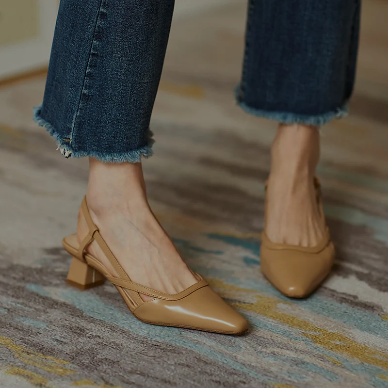 

slingbacks Women Shoes slip-on Shoes Woman Genuine Leather 4.5cm High Heels Pumps summer Office Lady Shoes For Women