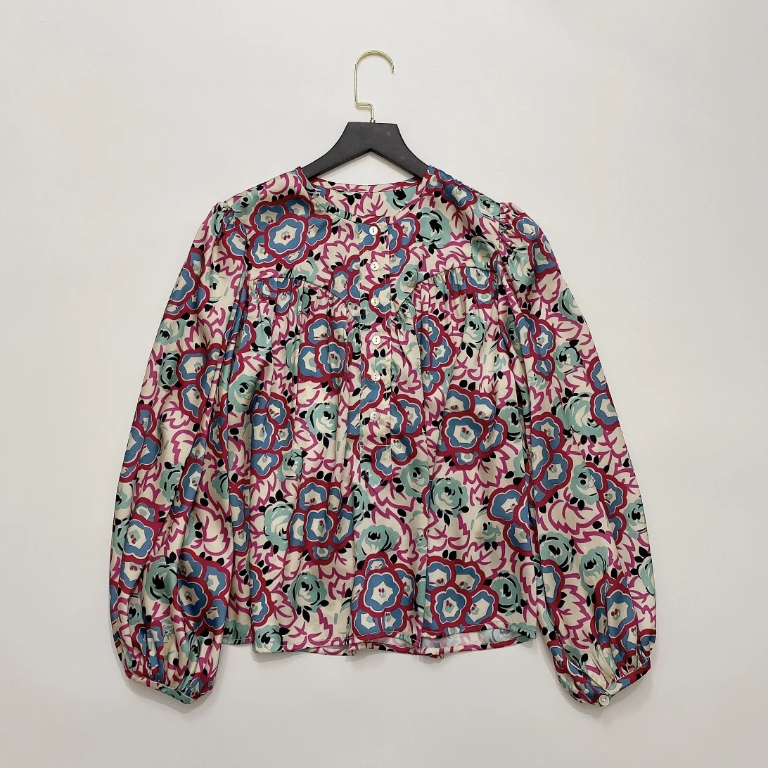 Colorblock Floral Puff Sleeve Design Casual Shirt Top