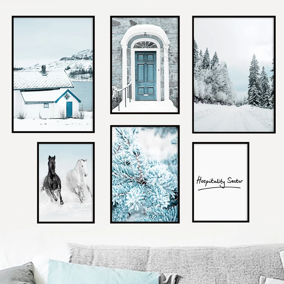 Горный лес озеро сосновые листья ворота лошадь настенная живопись холст