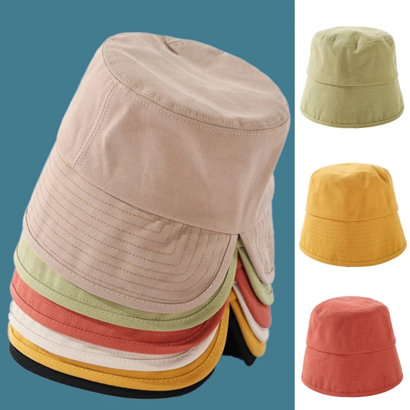 

Women Summer Solid Color Cotton Dome Bucket Hat Back Split Wide Brimmed Sun Protection Foldable Panama Fisherman Cap