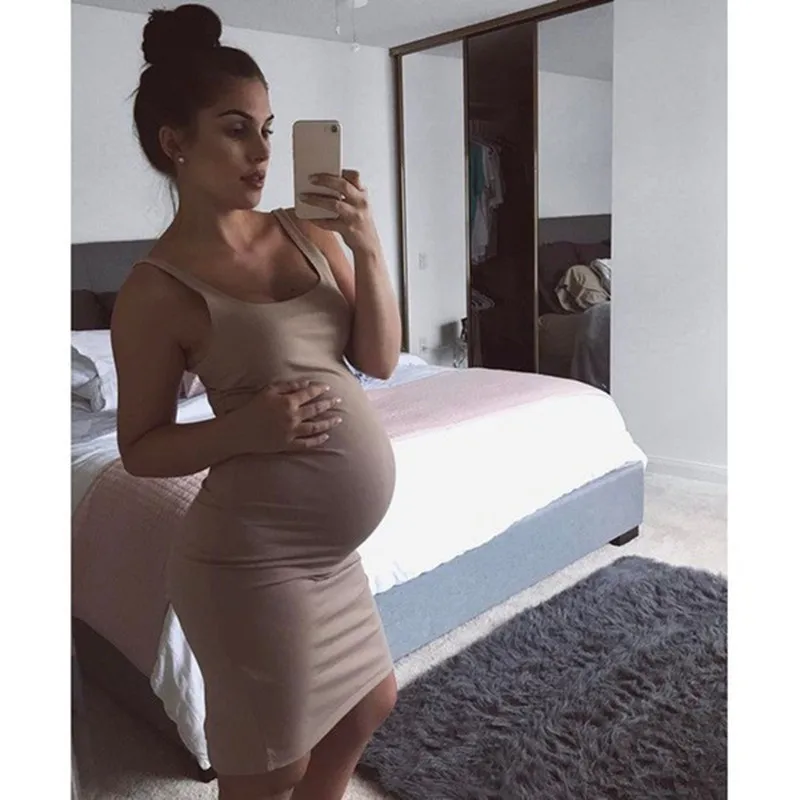 Новинка однотонное платье для беременных с круглым вырезом без рукавов тонкая